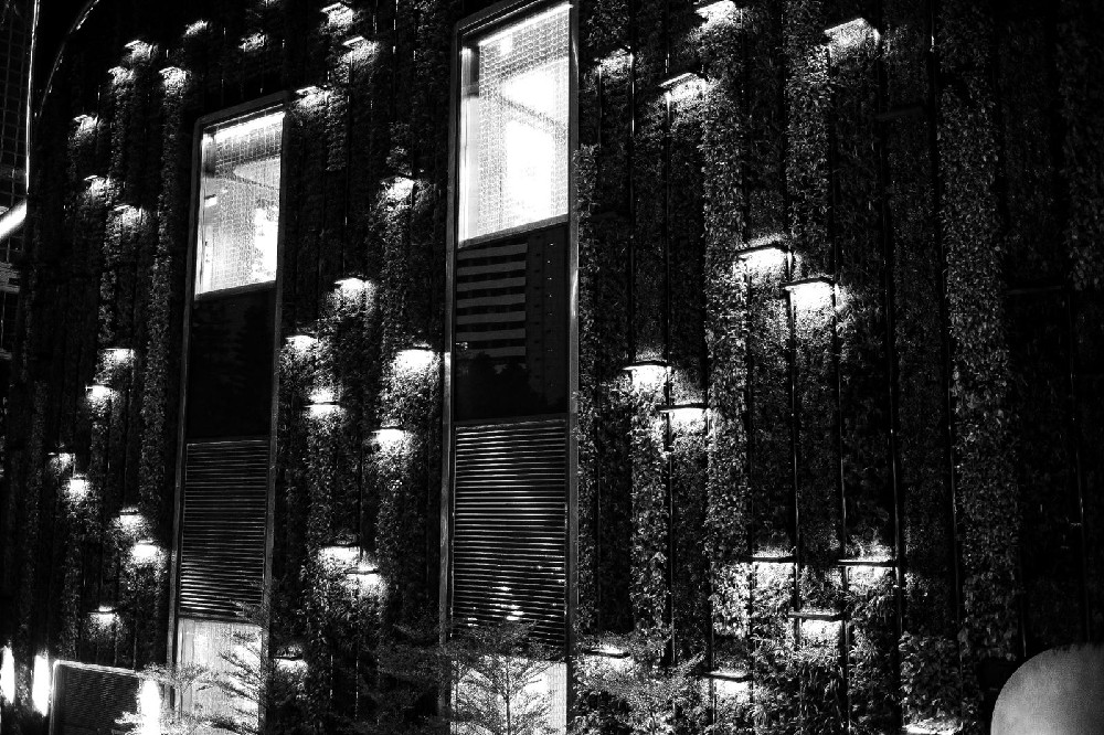 Black and white night photograph of office towers in Central Hong Kong, Leica Summicron 35mm 8-element