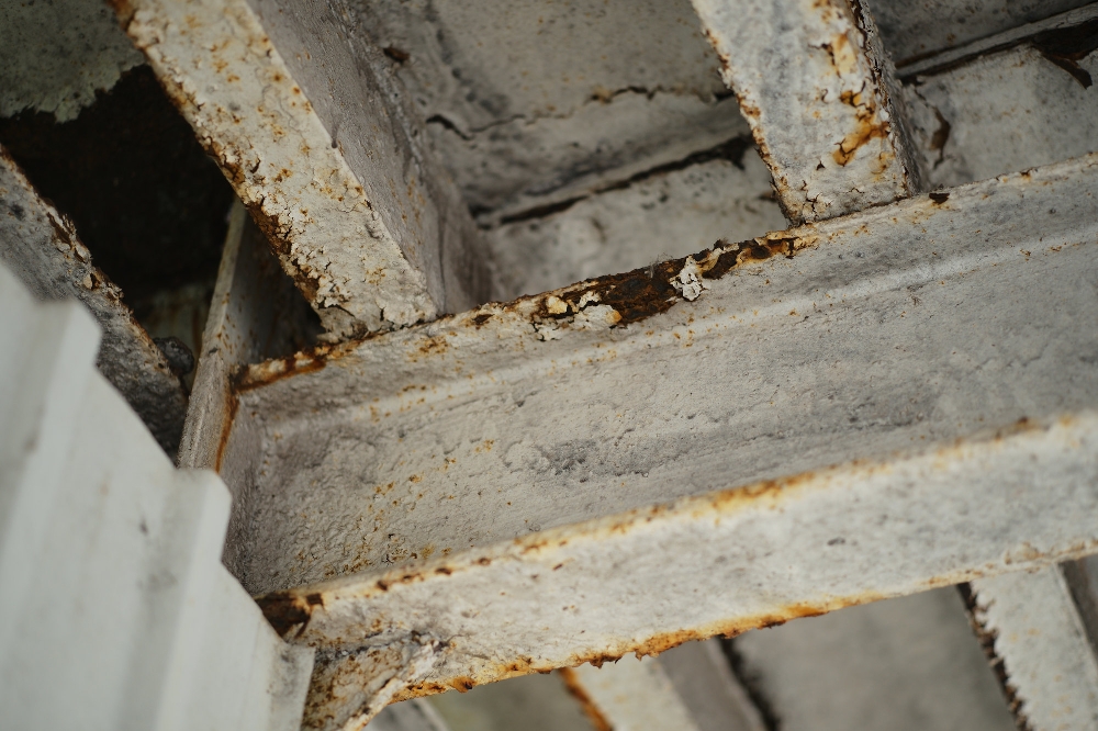 ELCAN 66mm f/2 photo sample — peeling paint and rust on a white-painted concrete window frame