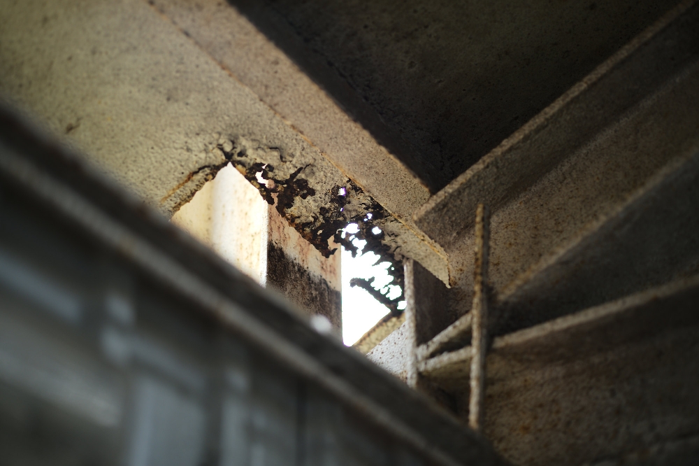 ELCAN 66mm f/2 photo sample — spalling concrete beams with exposed reinforcement, seen from below